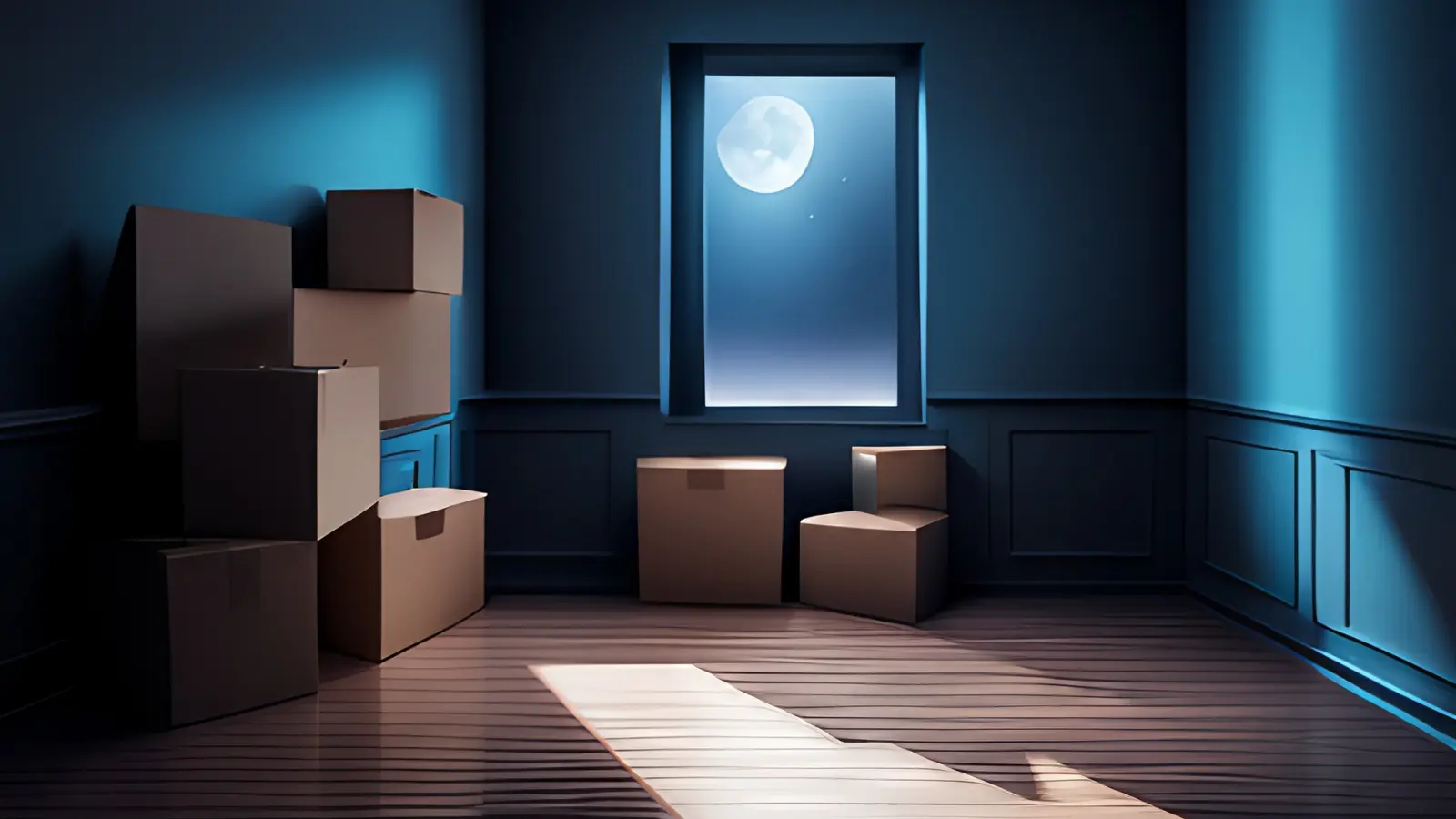 Pictured is a living room, devoid of any furniture except moving boxes. The sky outside is dark, with a full moon lighting the room in a cool glow. The scene is contemplative, as if asking the question, "what is the recent past, present, and future of full-service moving companies?"