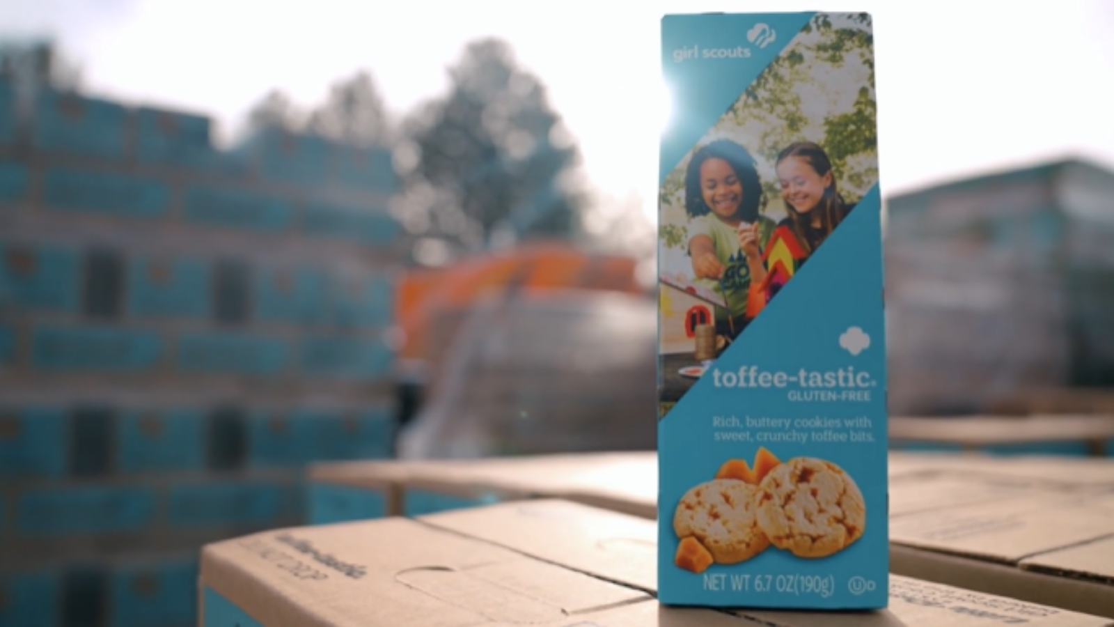 Image of a box of Toffee-Tastic Girl Scout cookies resting on a bench on a sunny day.